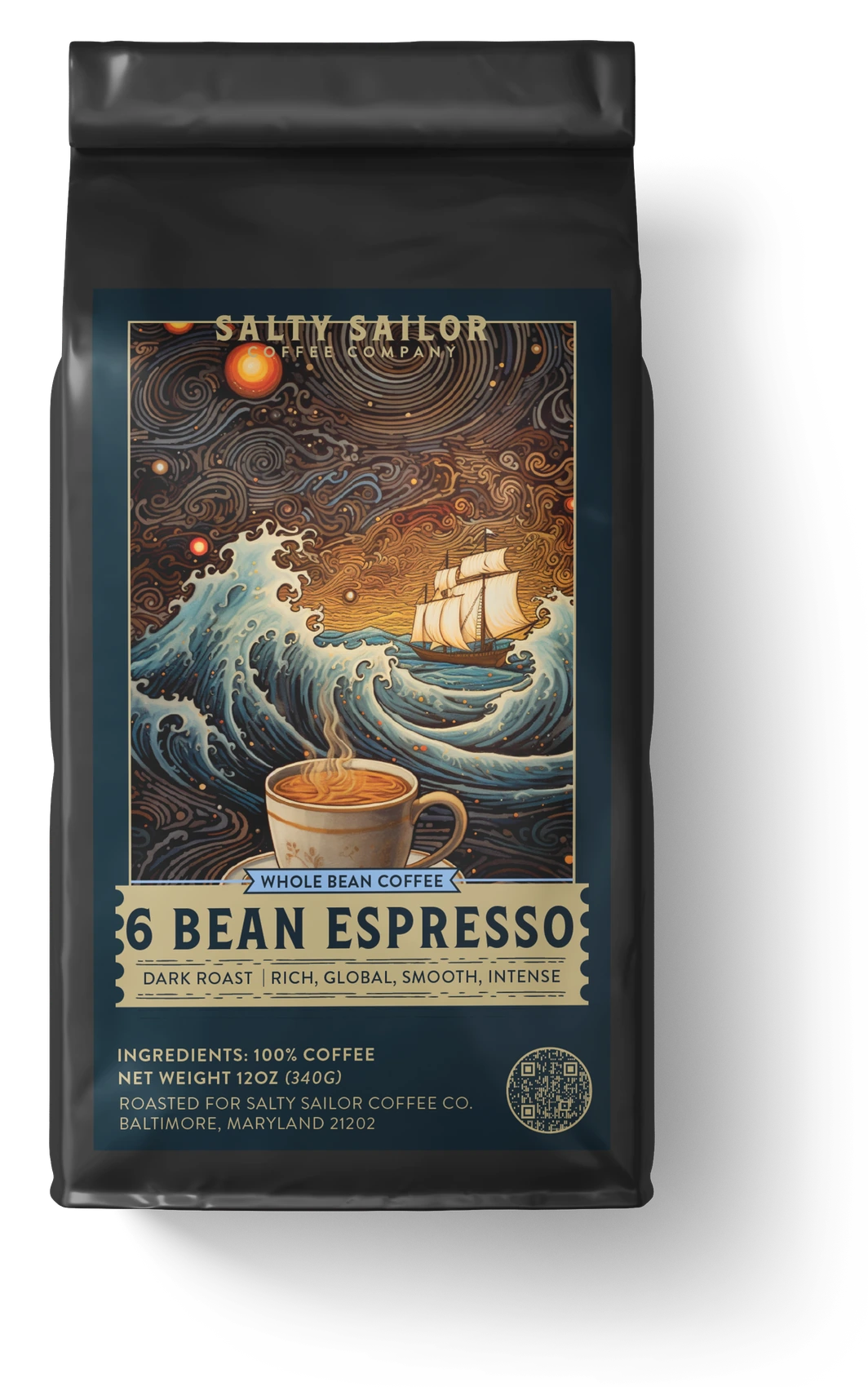 6 Bean Espresso coffee bag, straight-on view