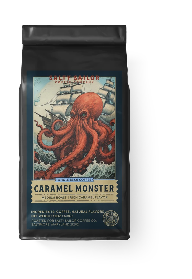 Caramel Monster coffee bag, straight-on view
