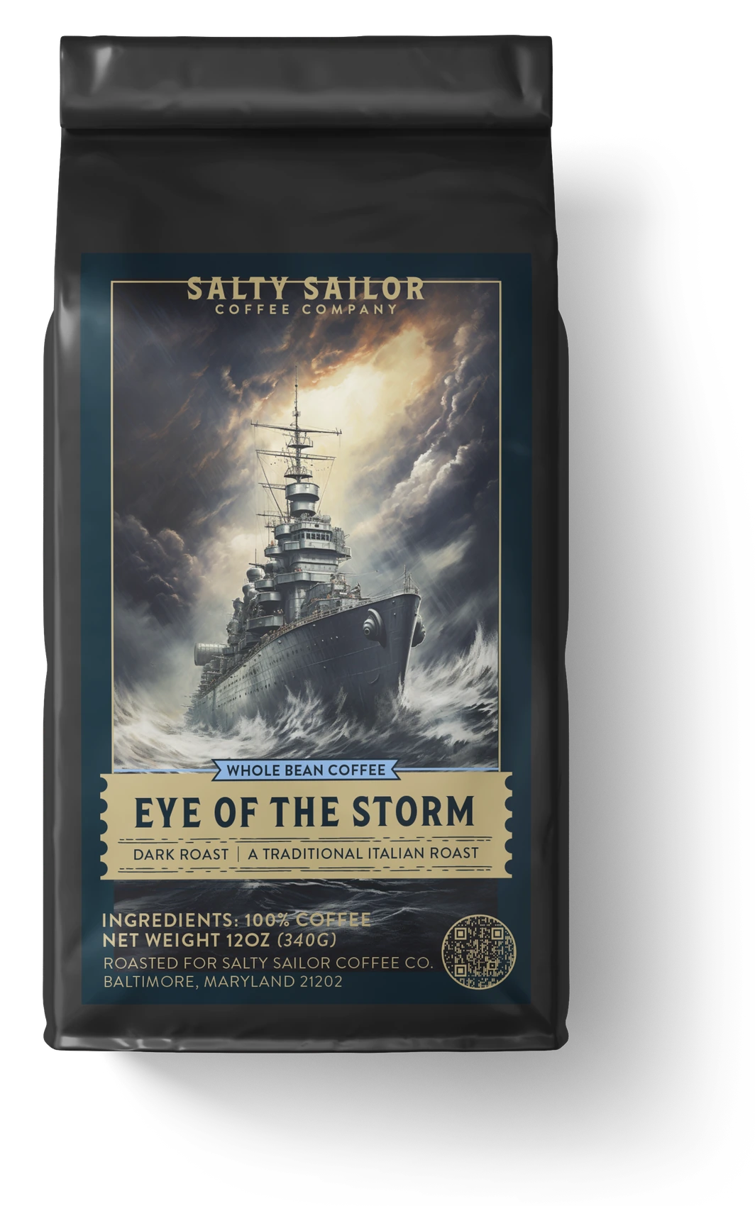 Eye of the Storm: Italian Roast coffee bag, straight-on view
