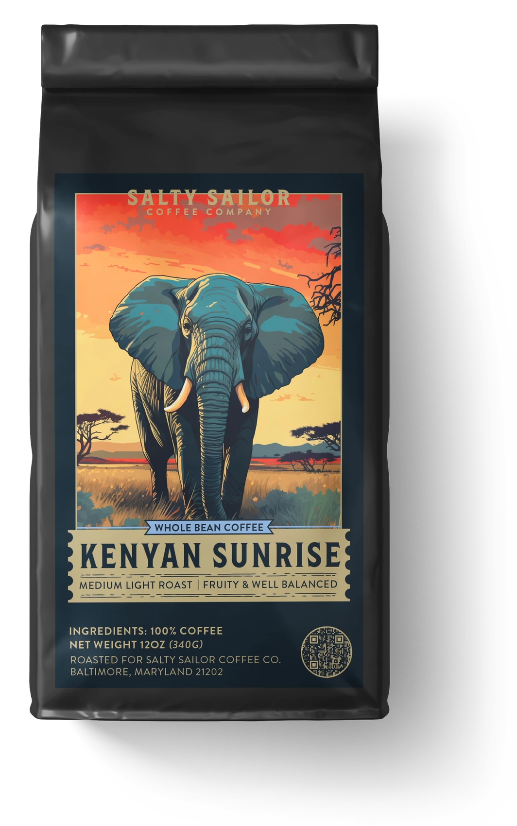 Kenyan Sunrise coffee bag, straight-on view