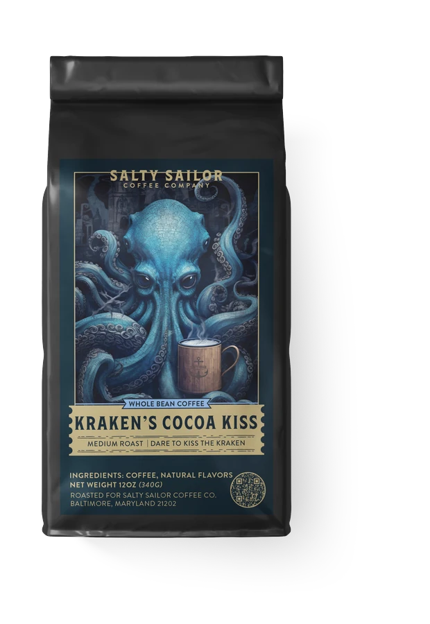 Kraken's Cocoa Kiss: Mocha Flavored Coffee coffee bag, straight-on view