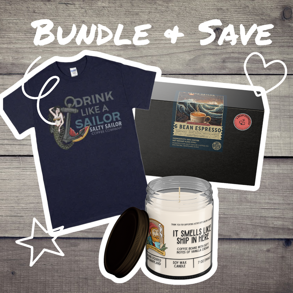 Sailor's Treasured Trio: Coffee Pods, T-Shirt, and Candle Bundle