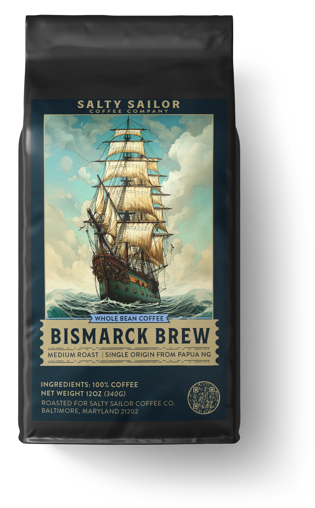 Bismarck Brew coffee bag, straight-on view