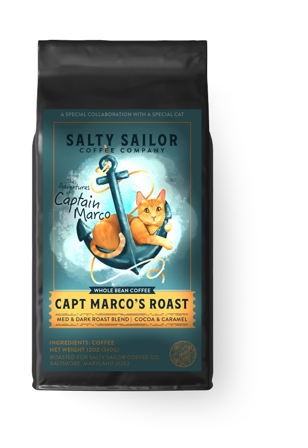Captain Marco’s Roast: A Brew Worth Purring About coffee bag, straight-on view