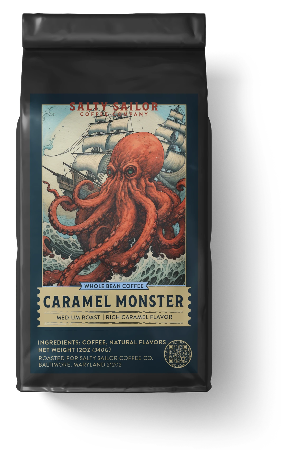 Caramel Monster coffee bag, straight-on view