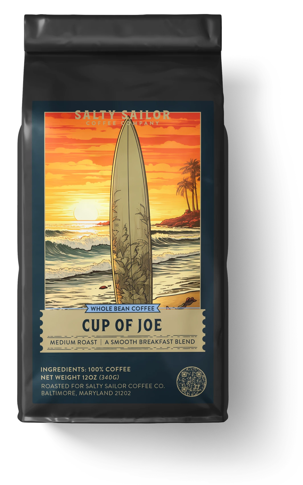 Cup of Joe:  A Breakfast Blend coffee bag, straight-on view