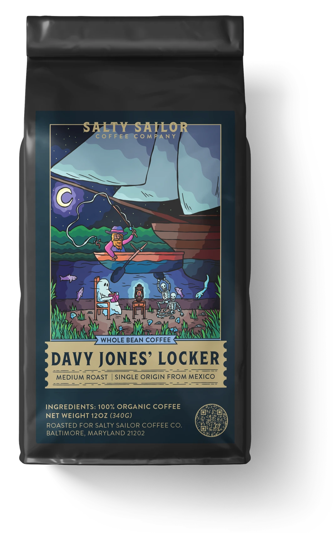 Davy Jones' Locker: Cold Brew Blend coffee bag, straight-on view