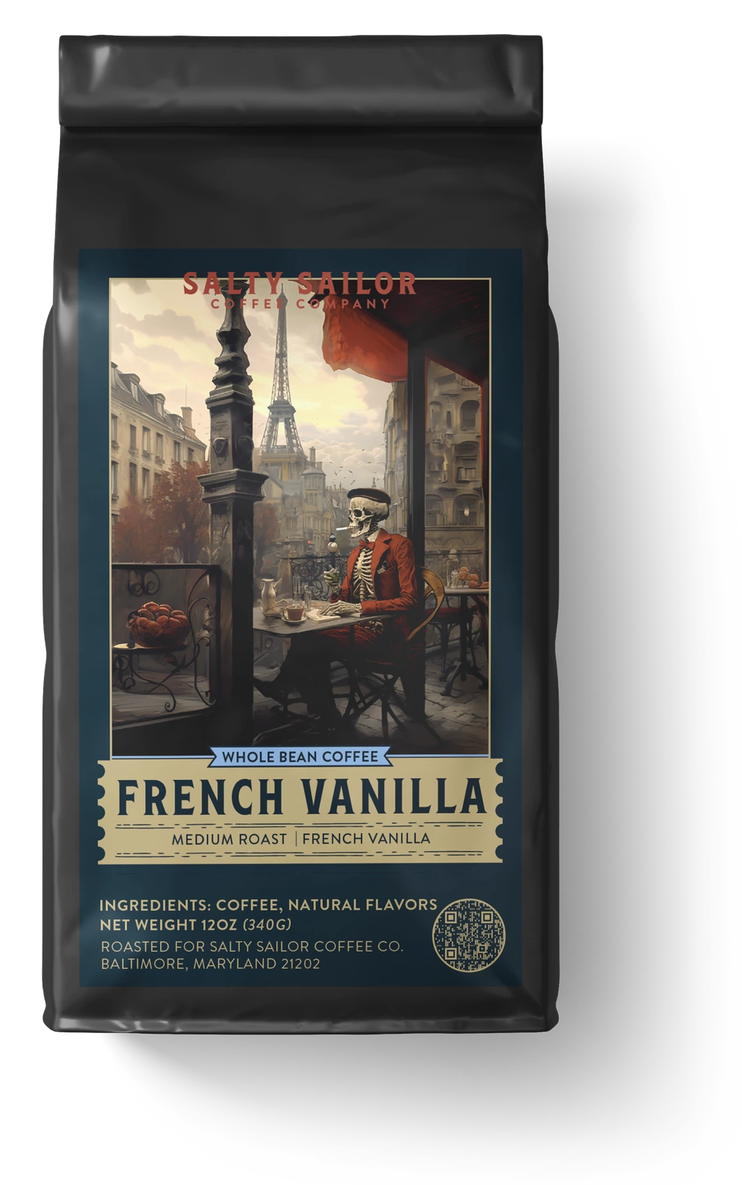 French Vanilla coffee bag, straight-on view