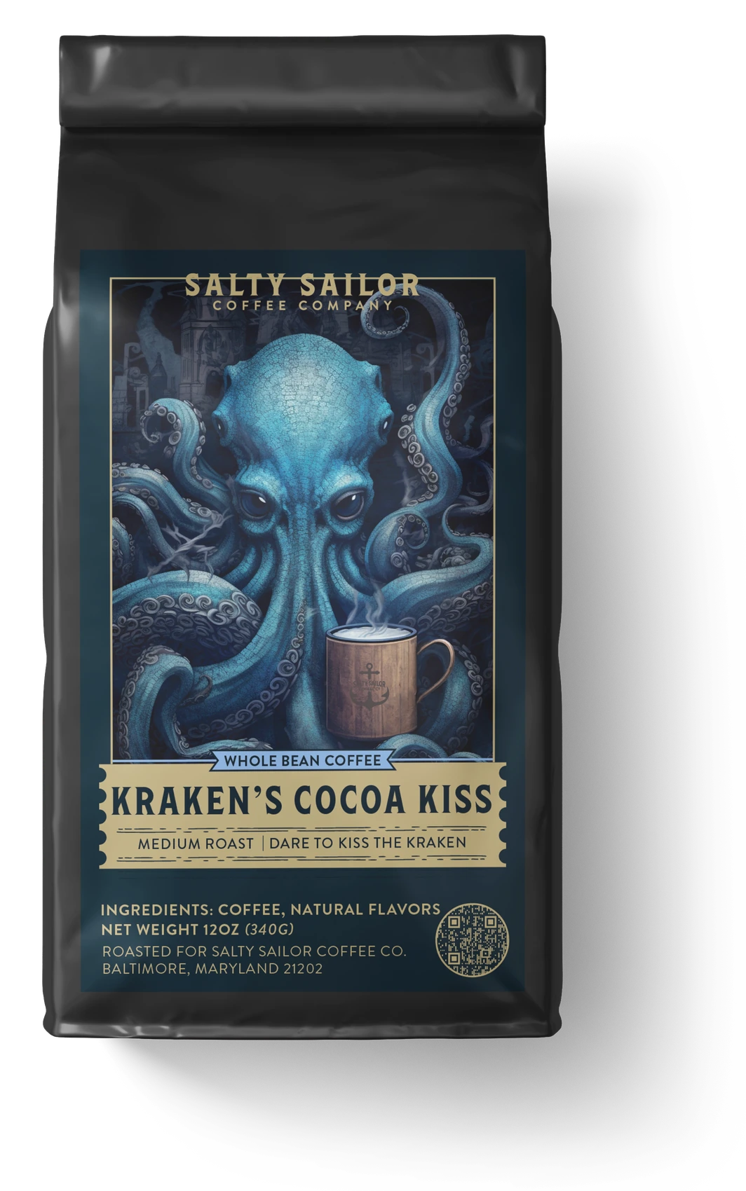 Kraken's Cocoa Kiss: Mocha Flavored Coffee coffee bag, straight-on view