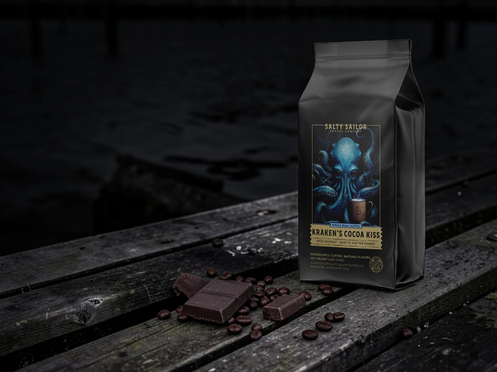 Kraken's Cocoa Kiss: Mocha Flavored Coffee package artwork