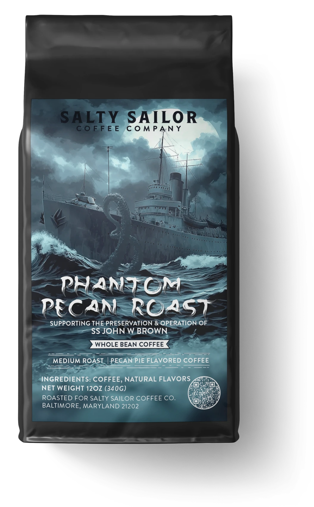 Phantom Pecan Roast coffee bag, straight-on view