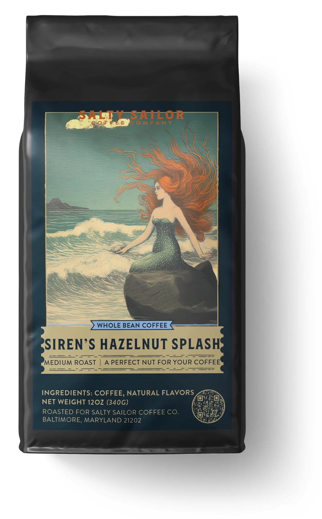 Siren's Hazelnut Splash coffee bag, straight-on view