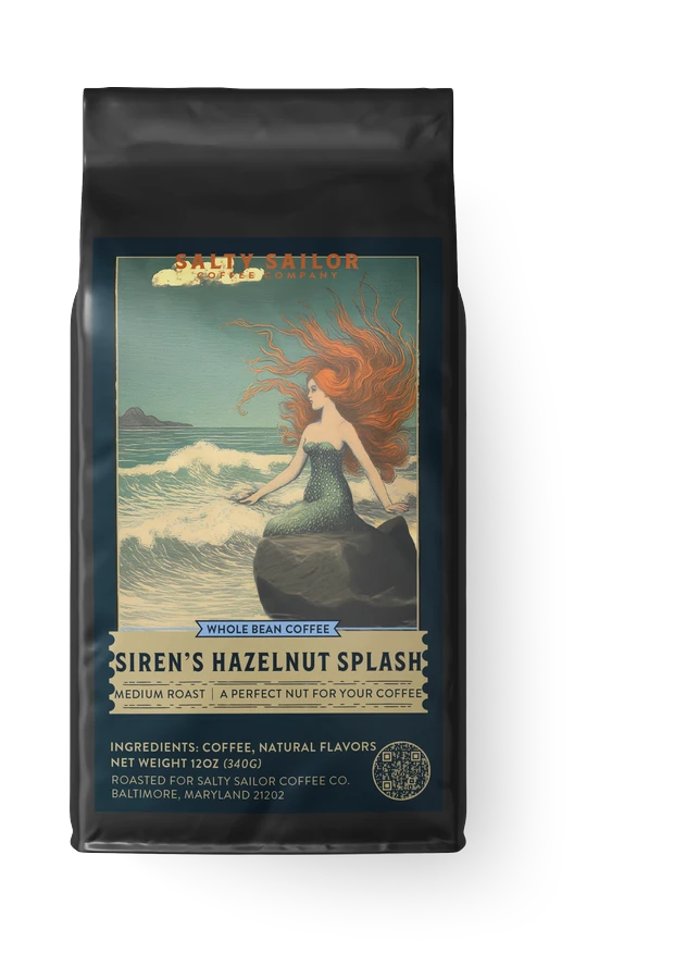 Siren's Hazelnut Splash coffee bag, straight-on view