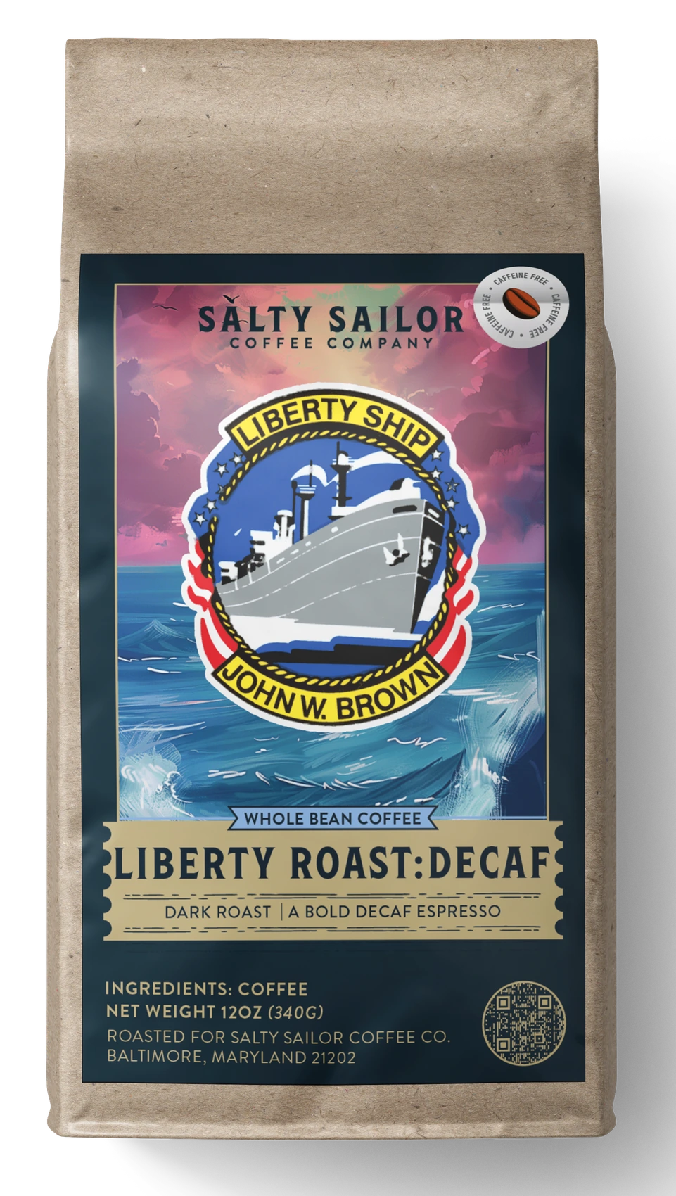 SS JOHN W BROWN Liberty Roast Decaf coffee bag, straight-on view