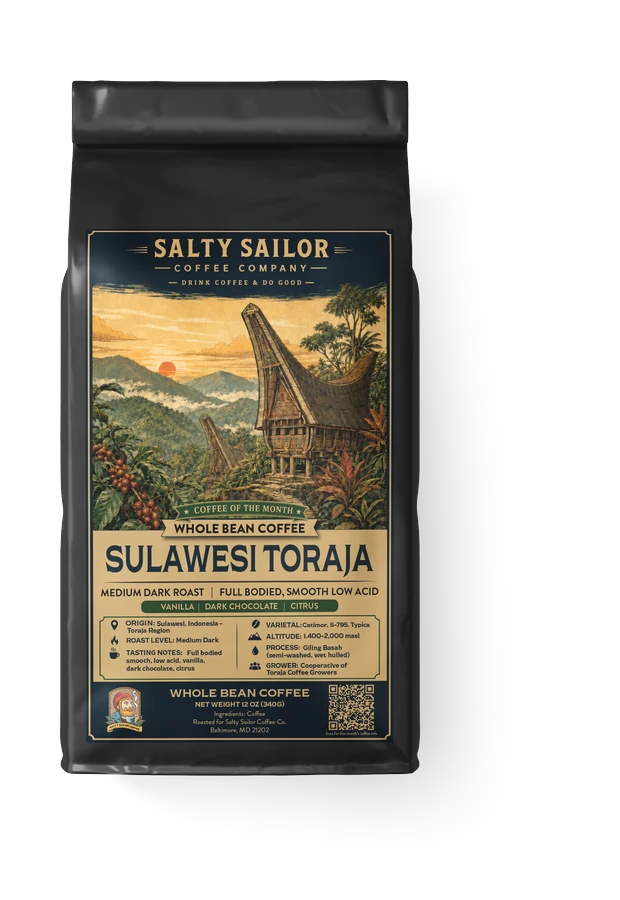 Sulawesi Toraja:  Coffee of the Month coffee bag, straight-on view