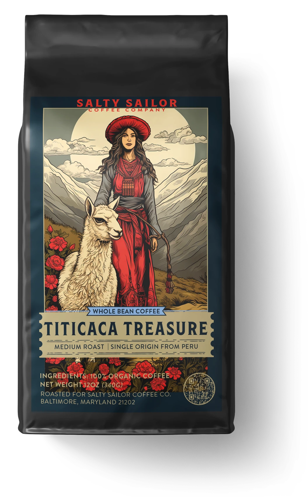Titicaca Treasure coffee bag, straight-on view