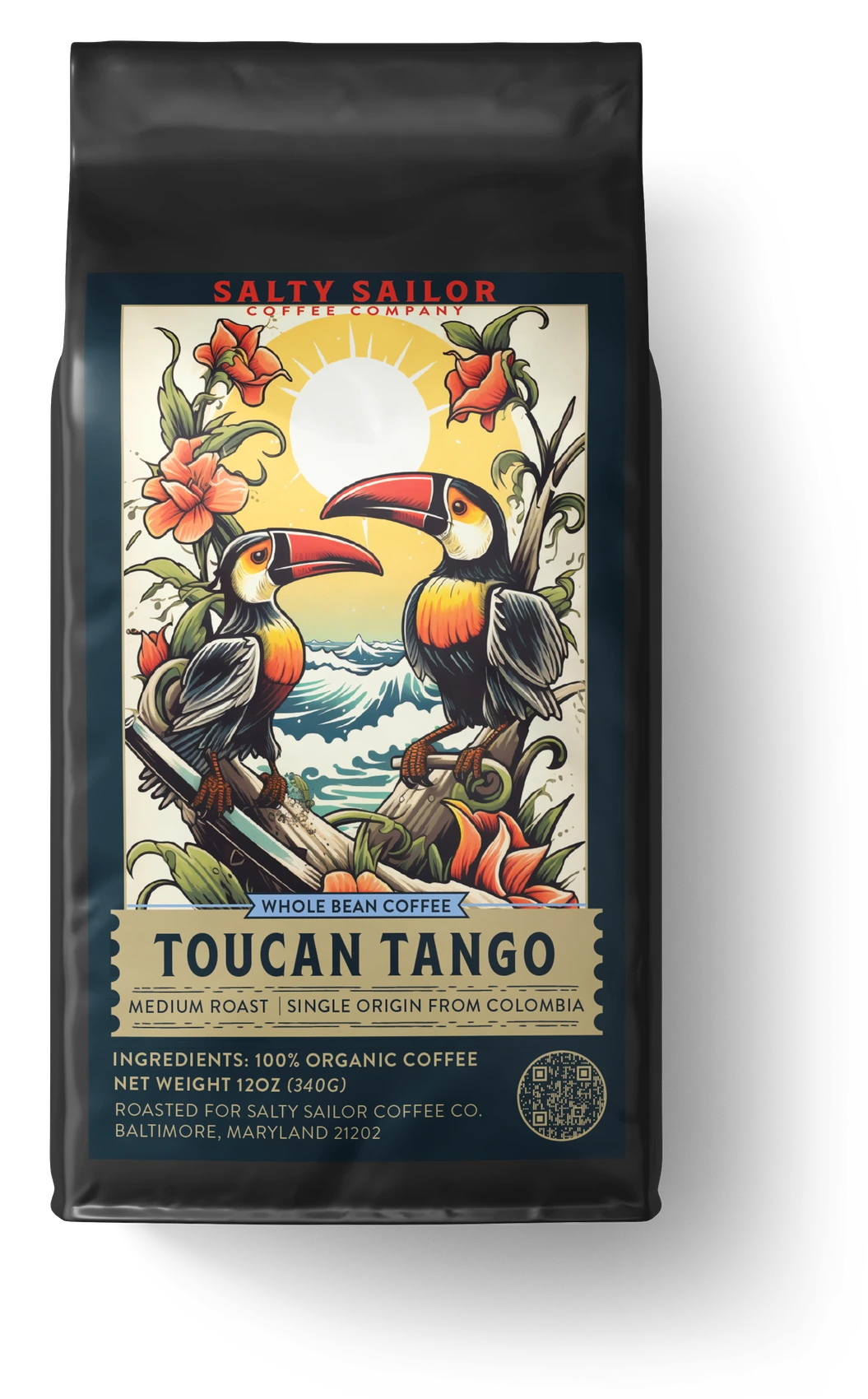 Toucan Tango coffee bag, straight-on view