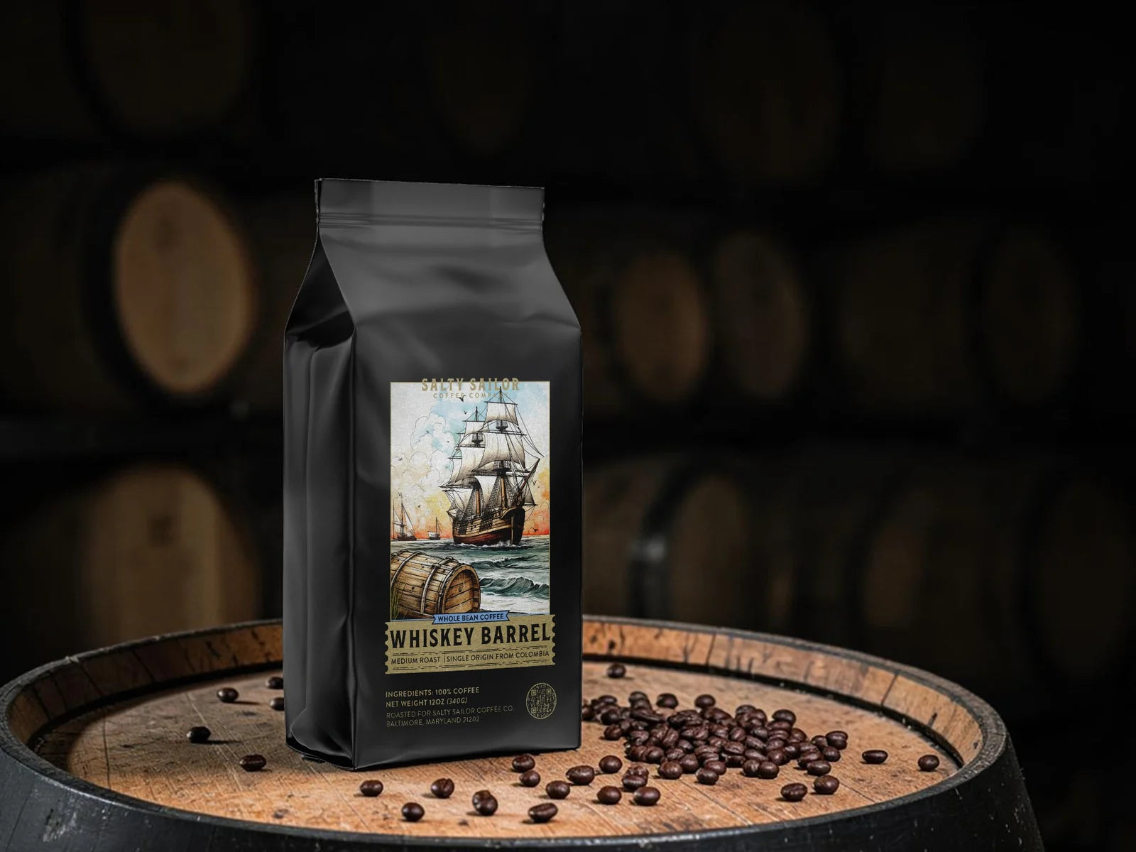 Whiskey Barrel:  Our Barrel-aged Coffee package artwork